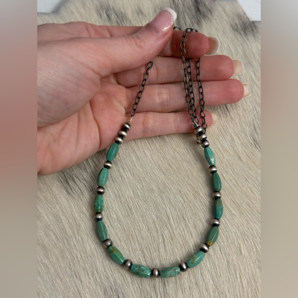 Native American Sterling Silver Navajo Pearl 5mm Green Turquoise Necklace